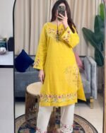 Yellow Floral Embroidered Cotton Kurti with White Embroidered Trouser Set - Image 2