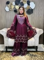Malaysian Stone Muslim Cotton Palazzo Suit Set for Women – Festive & Party Wear (Maroon & Black Variants)