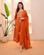 Embroidered Cotton 3-Piece Suit – Coffee & Orange (Dual Color Options) - Image 7