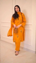 Mustard Floral Embroidered 3-Piece stitched Cotton Suit