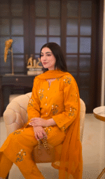 Mustard Floral Embroidered 3-Piece stitched Cotton Suit - Image 4