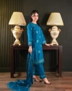 Elegant Teal Blue Embroidered 3-Piece Suit - Image 4
