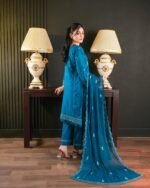 Elegant Teal Blue Embroidered 3-Piece Suit - Image 2